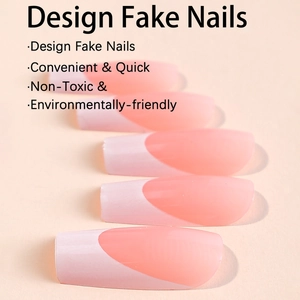Long french tip press-on nails in elegant white and pink minimalist square-oval design