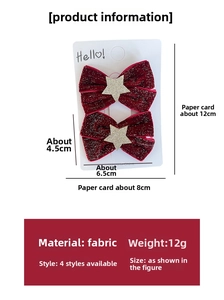 Detail view of red velvet bow hair clips with silver star and size measurements