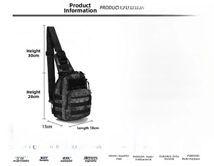 Detailed size chart for the tactical chest bag showing dimensions and waterproof material