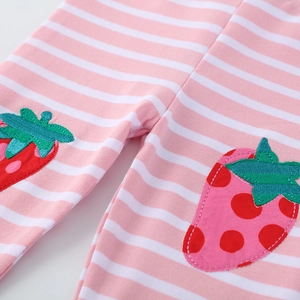 Pink and white striped girls' modal leggings featuring cute strawberry knee patches