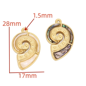 Detailed view of spiral natural shell pendant in gold metal with dimensions 28mm by 17mm