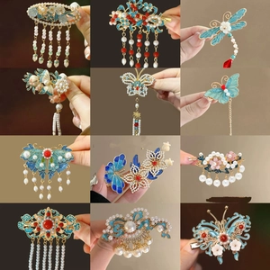 Vintage Chinese Style Hair Clip Zinc Alloy Enamel Butterfly Flower Imitation Artificial Pearl Long Tassel Hairpin Hanfu Accessories