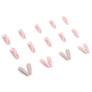 French tip coffin press-on nails with pink hearts and silver glitter accents