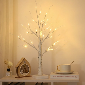Realistic LED birch tree floor lamp with warm yellow lights and white square base