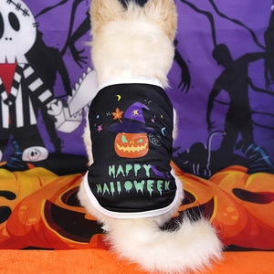 Halloween pet vest for small dogs featuring pumpkin wizard print and happy halloween text