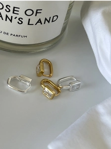 Minimalist S925 silver and gold geometric hoop earrings with rectangle cubic zirconia