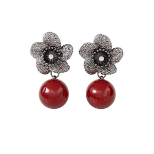 Vintage silver flower drop earrings with zircon and deep red pearl pendants