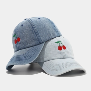 Women Vintage Denim Cotton Baseball Cap Cherry Embroidery Peaked Hat Adjustable Sun Protection Outdoor Casual Peaked Cap