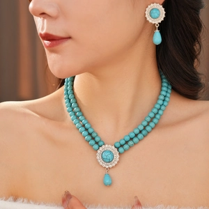 Close-up of elegant double-layer turquoise and pearl jewelry set worn by a model