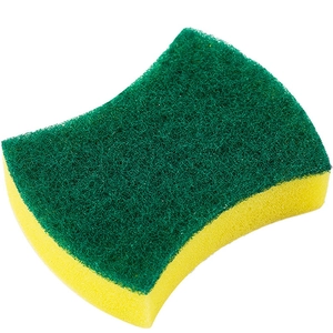 Dual-sided S-shaped cleaning sponge with green scouring pad and yellow absorbent layer