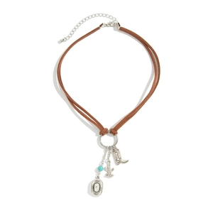 Western cowboy necklace with silver boot and cactus pendants on brown velvet cord