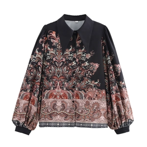 Women Paisley Print Blouse Ethnic Retro Style Long Sleeve Button Down Polyester Loose Shirt
