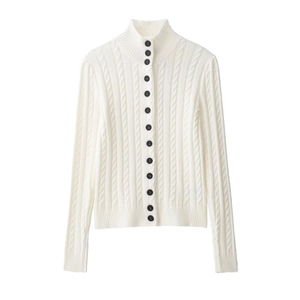 Women Cable Knit Cardigan Sweater High Neck Long Sleeve Button Down Casual Solid Color Polyester Knitwear Jacket
