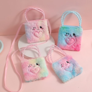 Plush cartoon cat shoulder bags for girls featuring colorful gradient fur and bow detail