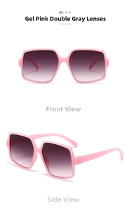 Front and side view of jelly pink oversized square sunglasses with gradient grey lenses