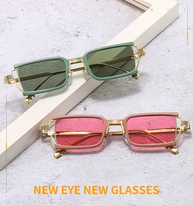Detail of retro rectangular sunglasses with UV400 protection and metal-acetate frames