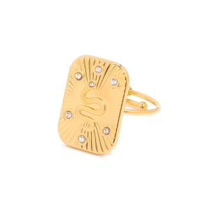 Gold stainless steel rectangle signet ring with snake relief and zircon accents