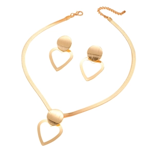Elegant gold geometric heart pendant necklace and earrings set with brushed finish