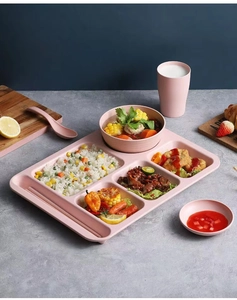 Pink wheat straw dinnerware set including divided plate, bowl, cup and cutlery