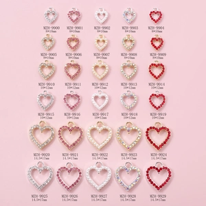 Y2K heart nail charms with rhinestones and hollow alloy frames in various sizes
