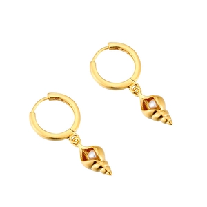 Elegant gold shell earrings with white pearl detail on a clean white background