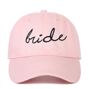 Pink cotton baseball cap with black bride embroidery featuring a classic six-panel design