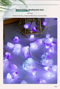 Close-up of natural purple crystal stone string lights with warm glowing ambiance