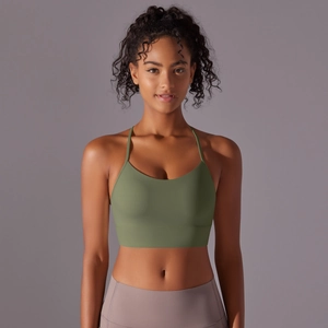 Detailed front view of avocado green racerback sports bra with slim straps and U-neckline