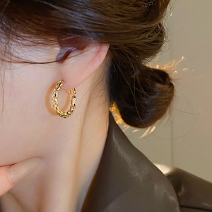 Detailed close-up of a gold-finish twisted hoop earring on a model's ear