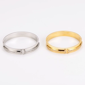 Dual T-shaped stainless steel bracelets in gold and silver with sparkling crystal inlay