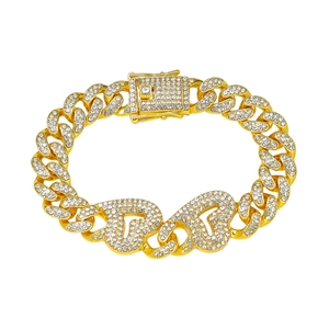 Iced out gold cuban link chain bracelet with diamond heart pendants for men hip hop style