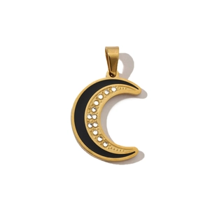 Detailed view of crescent moon pendant with black enamel inlay and white rhinestones