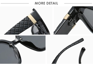 Detail view of square sunglasses with quilted texture temples and golden metal hinges