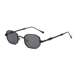 Polygonal hexagon metal sunglasses with black lenses and slim textured temples on white