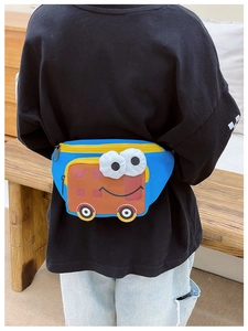 Detail of blue cartoon car crossbody bag featuring 3D eyes and durable nylon fabric