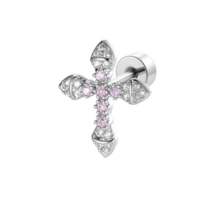 Silver cross stud earring with pink cubic zirconia and secure screw back clasp