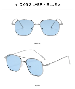 Detail view of silver metal double bridge frame and light blue ocean lenses on sunglasses