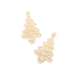 Detailed close-up of hollow gold Christmas tree earrings with white faux pearl inlays