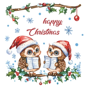 Christmas wall stickers with singing cartoon owls and festive holly branch decoration