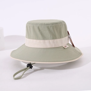 Green wide brim children sun hat with adjustable windproof rope and contrast trim