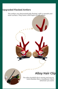 Detail view of flocked reindeer antlers and durable alloy alligator clip on Christmas hair pin