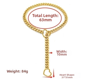 Detailed view of golden Cuban chain necklace with heart pendant and size specifications