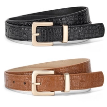 Detail of woven elastic waist belts with gold square buckles in black and brown faux leather