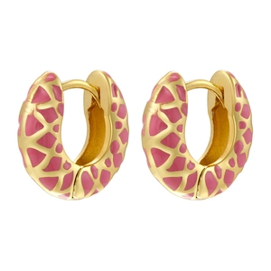 Gold-plated U-shaped hoop earrings with pink enamel pattern and hollow geometric design