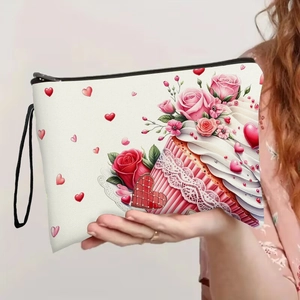 Fine Linen Cosmetic Makeup Bag Zippered Travel Pouch With Wristlet Rose Cupcake Print For Women Storage
