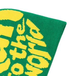 Detail of green knit beanie featuring yellow 'the world' jacquard text and texture