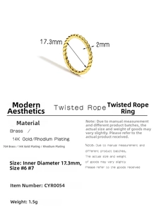 Detail view of 2mm twisted rope ring in gold-plated brass with precise dimensions