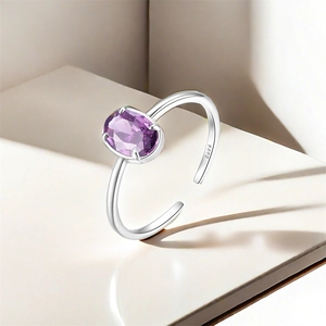 Detail view of S925 sterling silver ring featuring a purple zircon and S925 hallmark