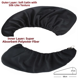Detail showing dual-layer black satin hair wrap with 68x27cm size measurements
