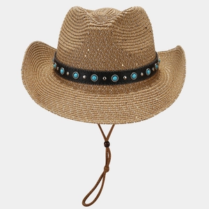 Brown woven cowboy straw hat with turquoise stones and adjustable wind rope for beach